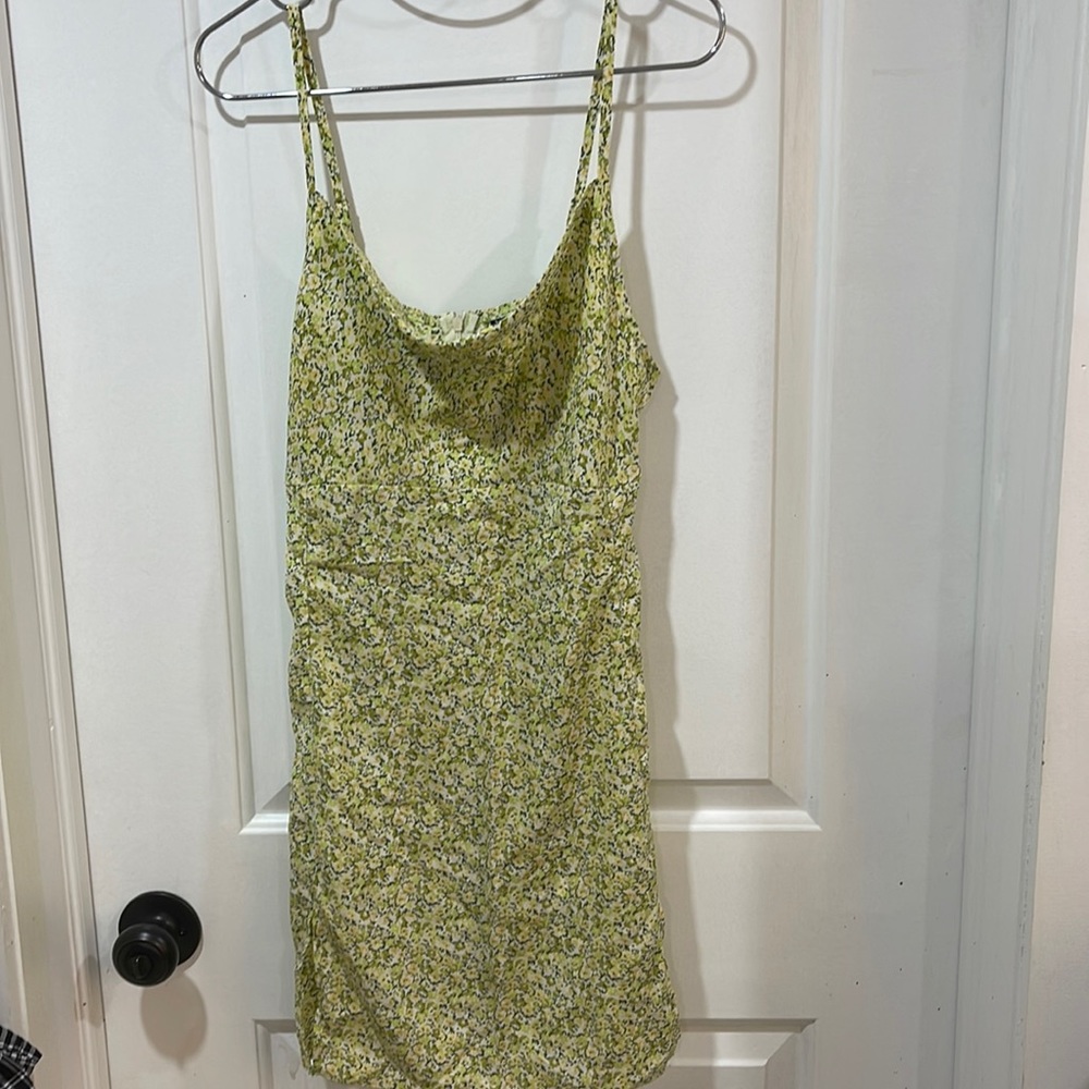 Green floral slit both sides dress with back zipper